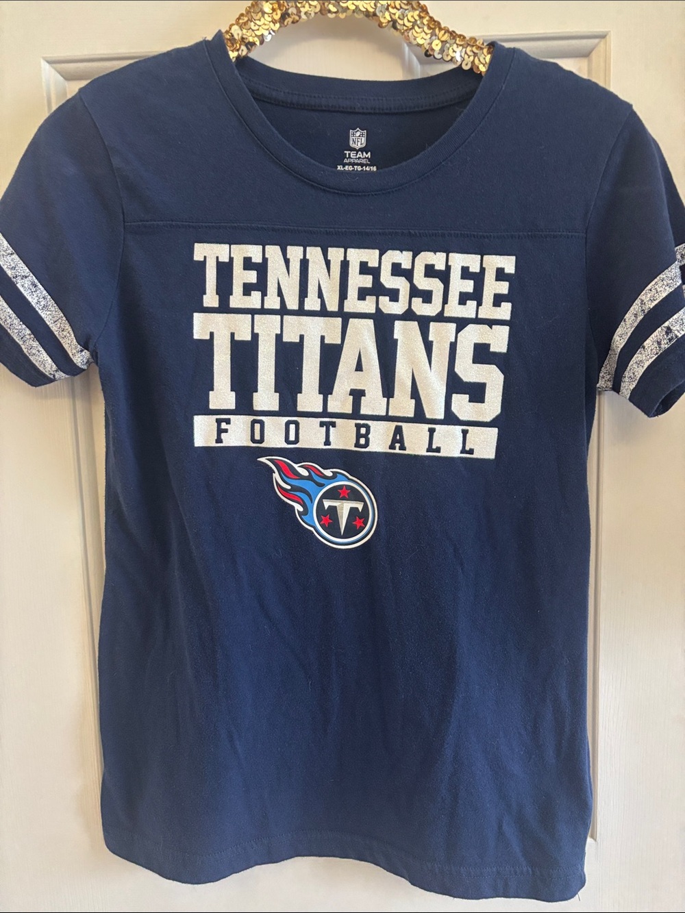 Tennessee Titans Kids Navy Blue Glitter Football Tee